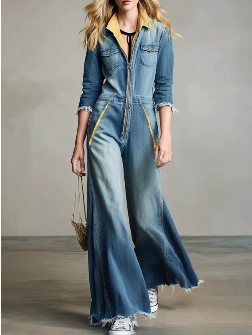 H&M Womens Fashion Casual Denim Jumpsuit Long Sleeve Wide Flare